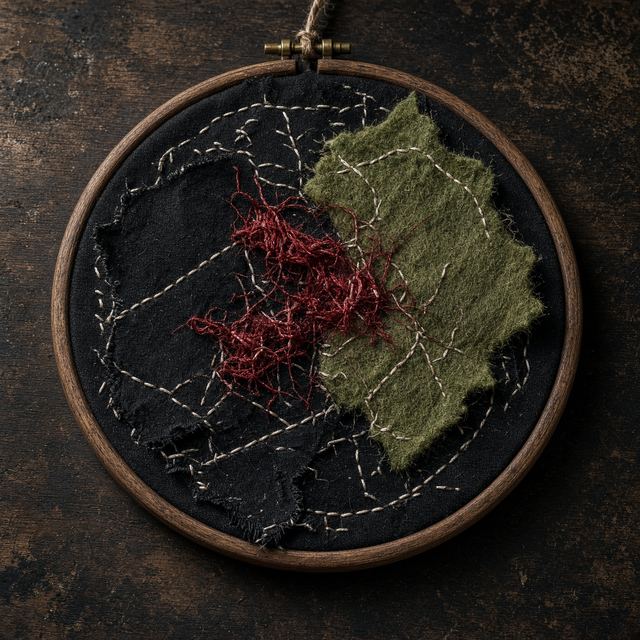 Handmade abstract embroidery collage on black fabric in a wooden hoop