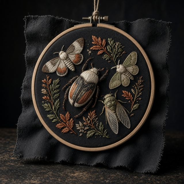 Handmade hoop embroidery of beetles, moths, and a cicada on black linen