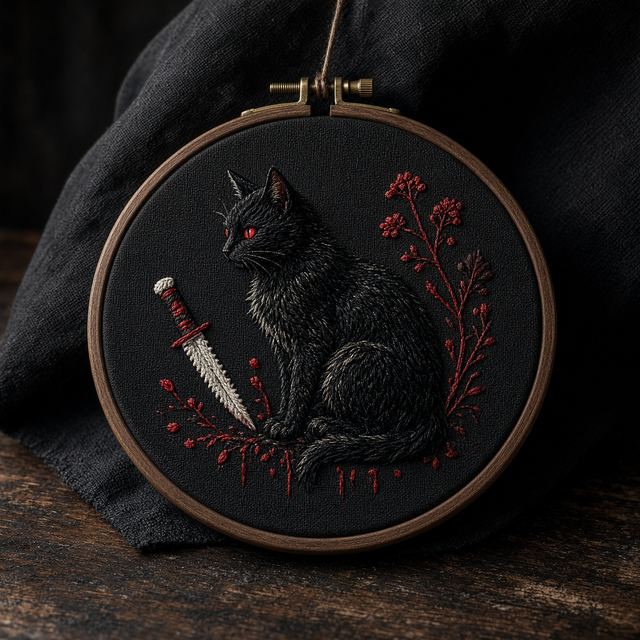 Handmade hoop embroidery of a black cat with a knife on black linen