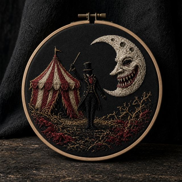 Handmade hoop embroidery of a strange circus tent and moon on black linen