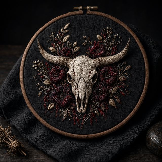 Handmade hoop embroidery of a longhorn cow skull and dark flowers on black linen