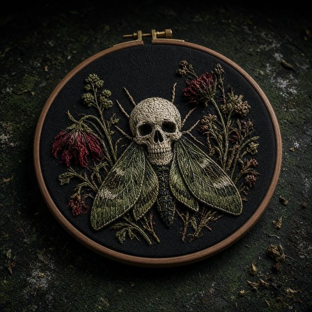 Handmade hoop embroidery of a death's-head moth, skull, and night flowers on black linen