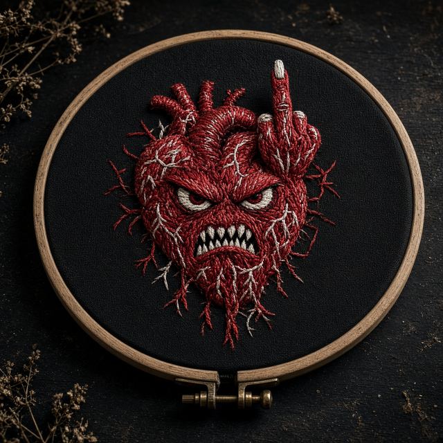 Handmade hoop embroidery of a snarling anatomical heart on black linen