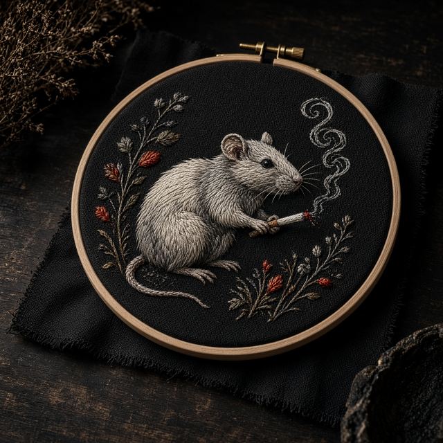 Handmade hoop embroidery of a rat smoking a cigarette on black linen